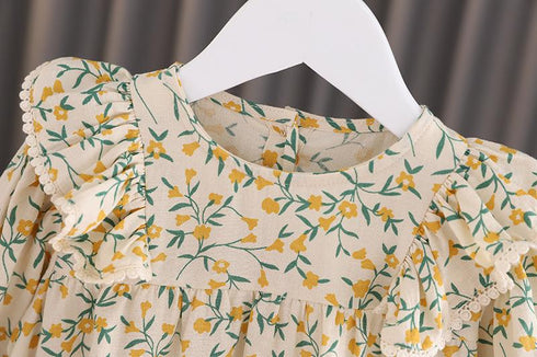 Girls' Dress 2022 Autumn New Skirt Long Sleeve Cotton And Hemp Pastoral Princess Floral Skirt